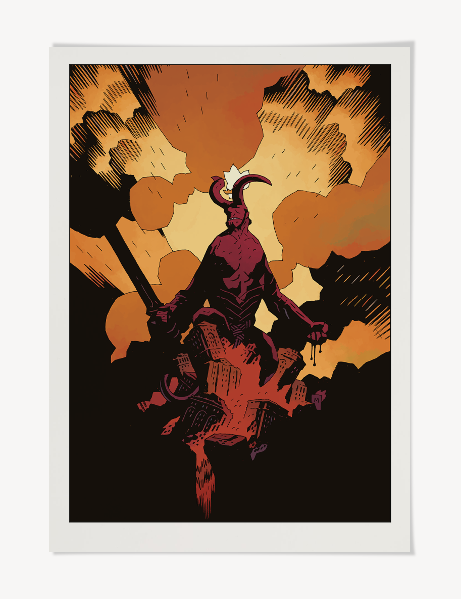 hellboy detruisant la ville affiche couleur serigraphie 1